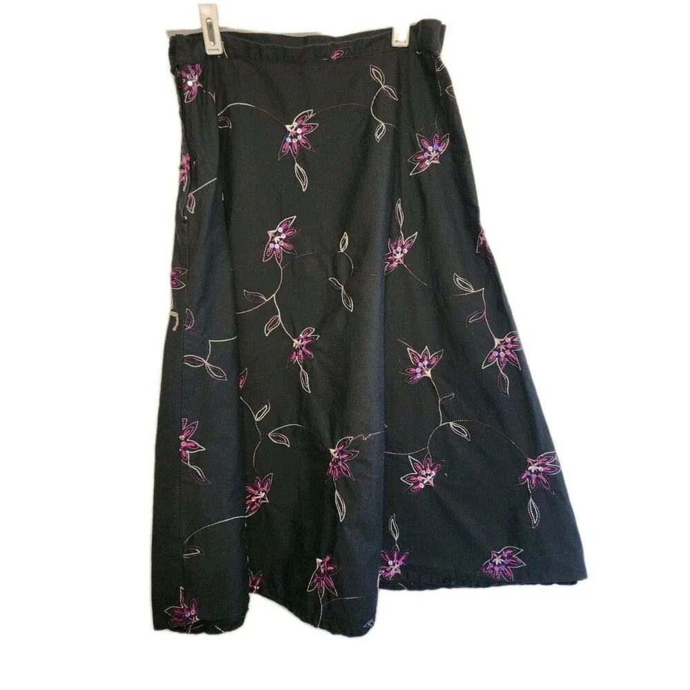 2Hip By Wrapper Junior Sz 14 Y2k Inspired Midi Skirt Black With Purple Flowers